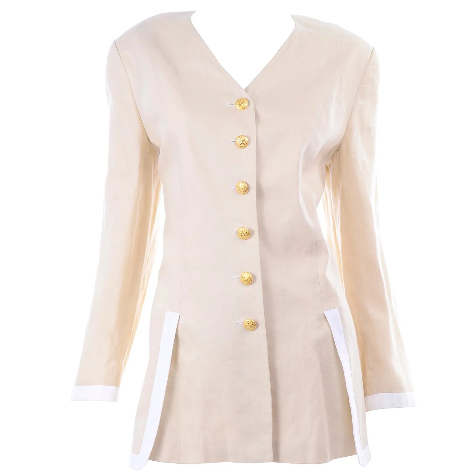 1990s Margaretha Ley Vintage Escada Linen Jacket with White Trim