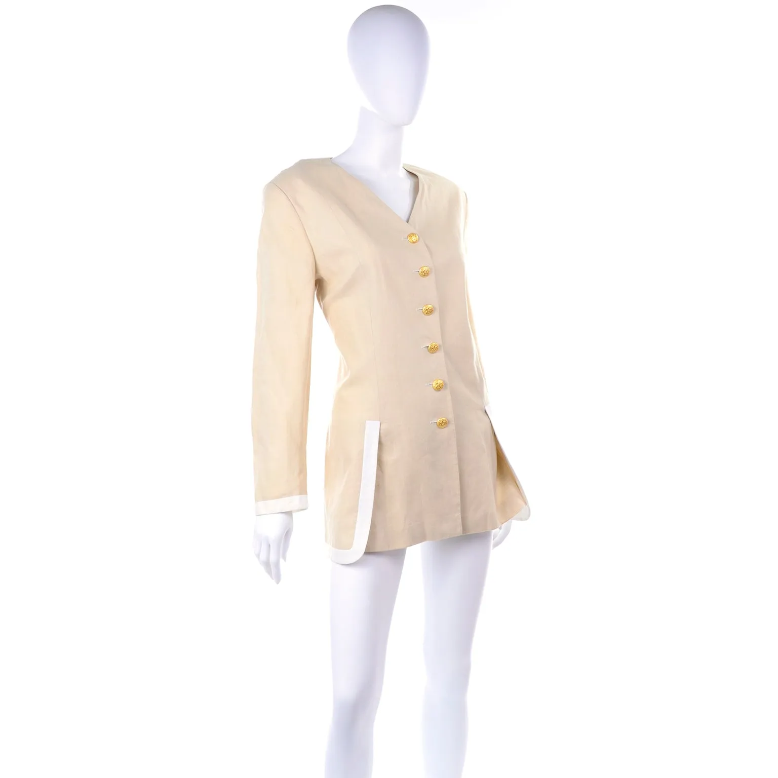 1990s Margaretha Ley Vintage Escada Linen Jacket with White Trim