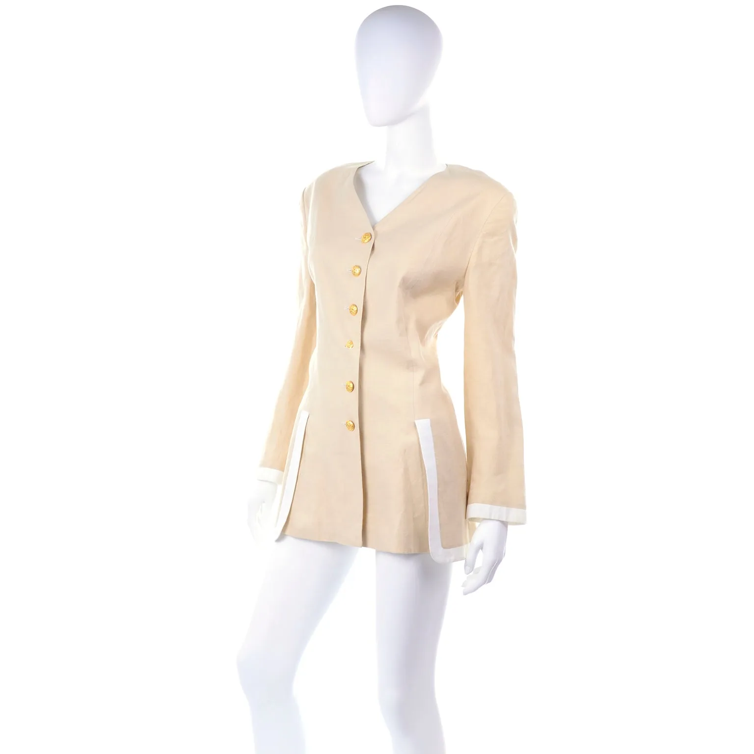 1990s Margaretha Ley Vintage Escada Linen Jacket with White Trim