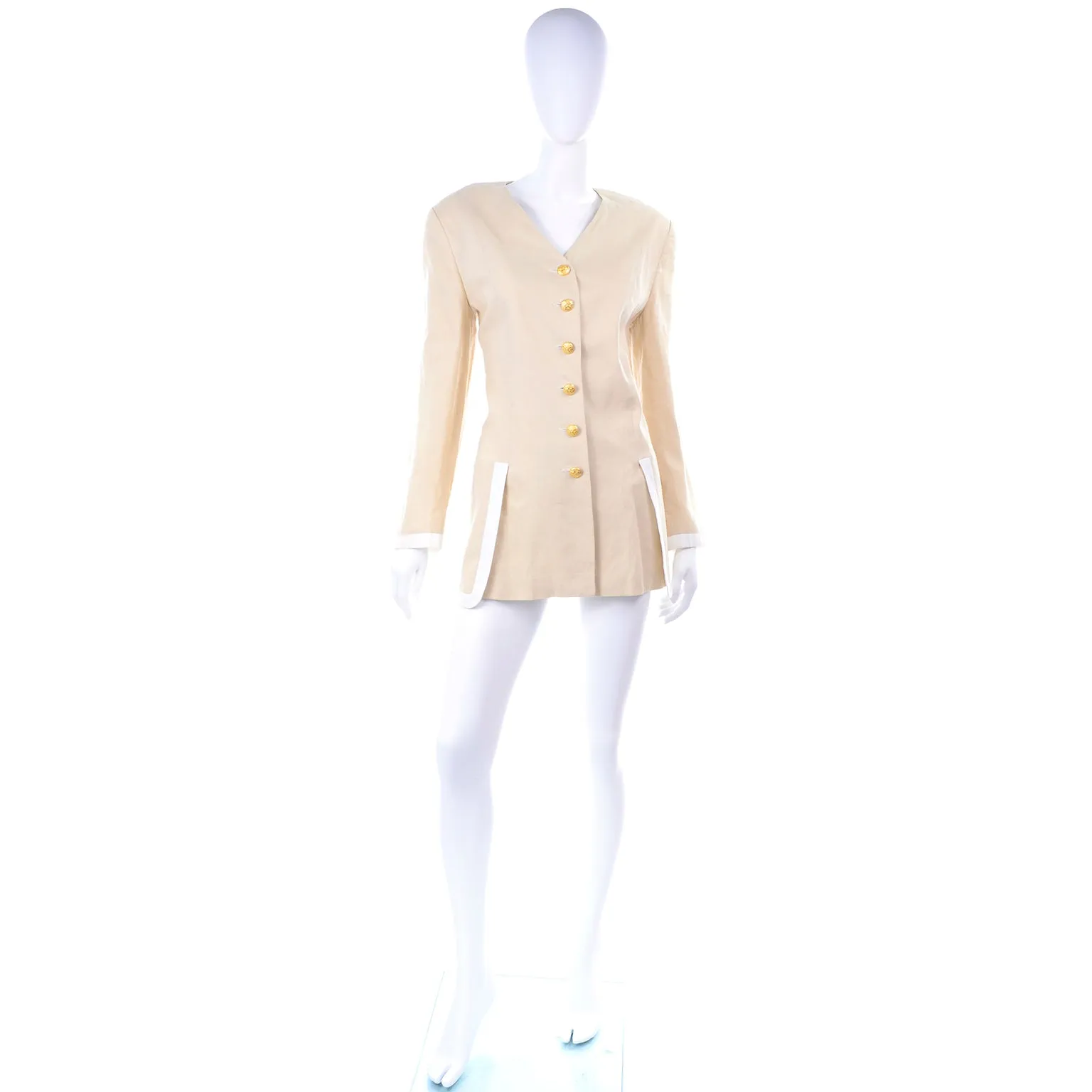 1990s Margaretha Ley Vintage Escada Linen Jacket with White Trim
