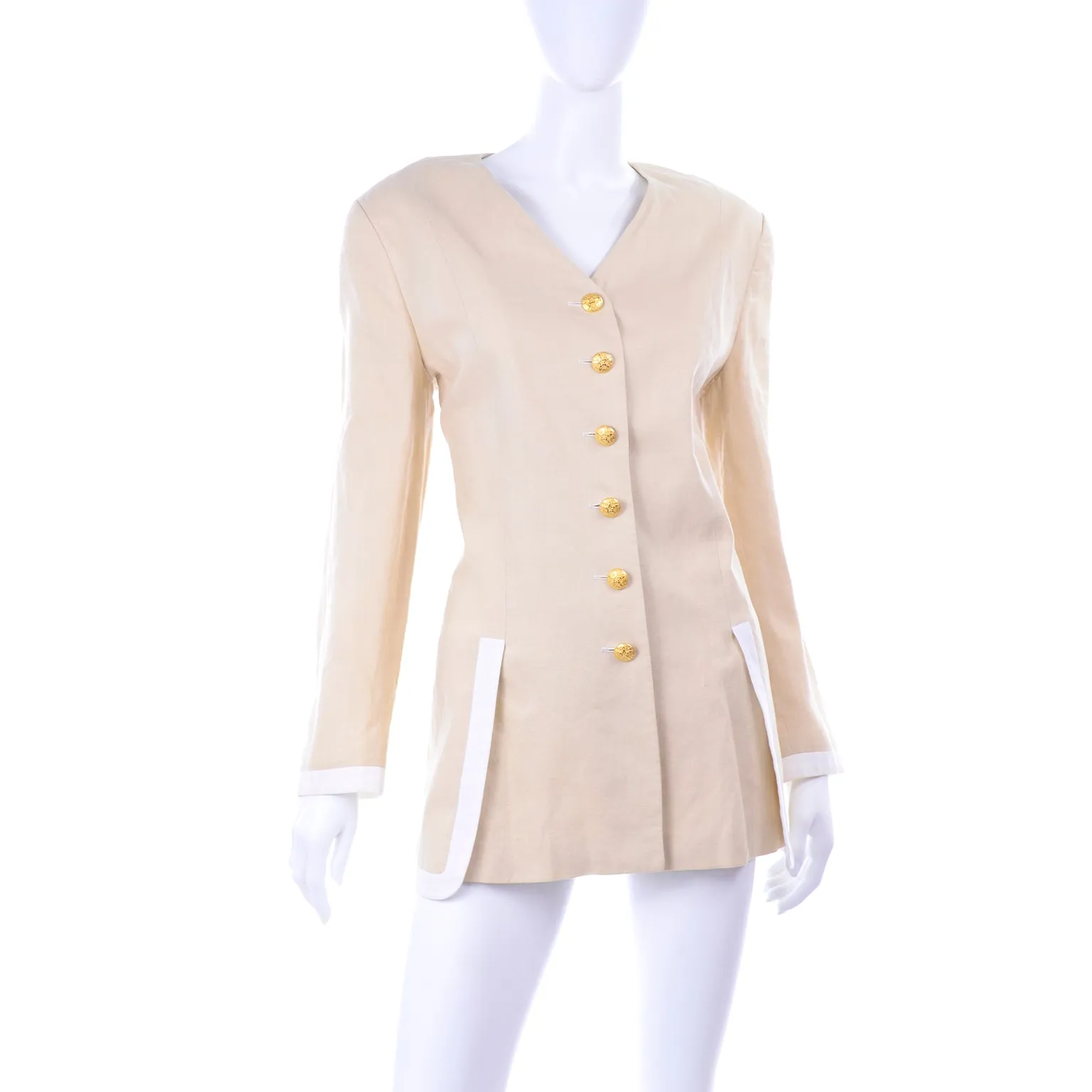 1990s Margaretha Ley Vintage Escada Linen Jacket with White Trim