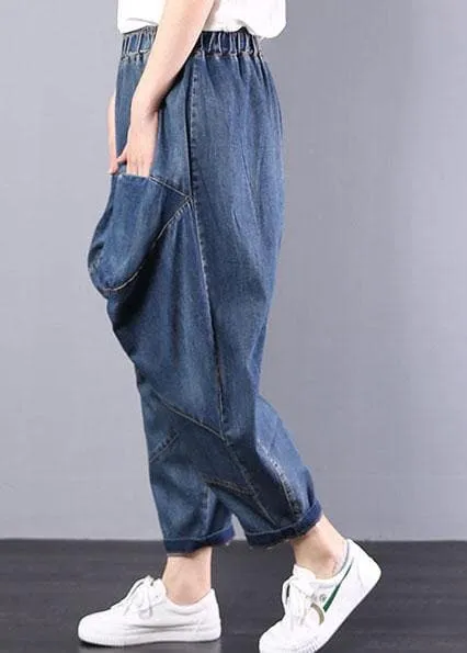 Autumn old casual pants big pockets denim blue harem pants