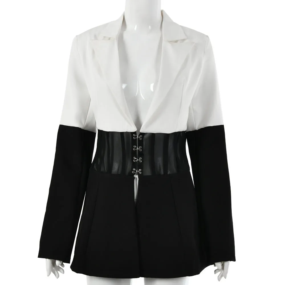Black And White Stitching Perspective V-neck Versatile Coat