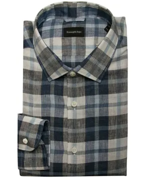 Blue and Navy Plaid Linen Sport Shirt