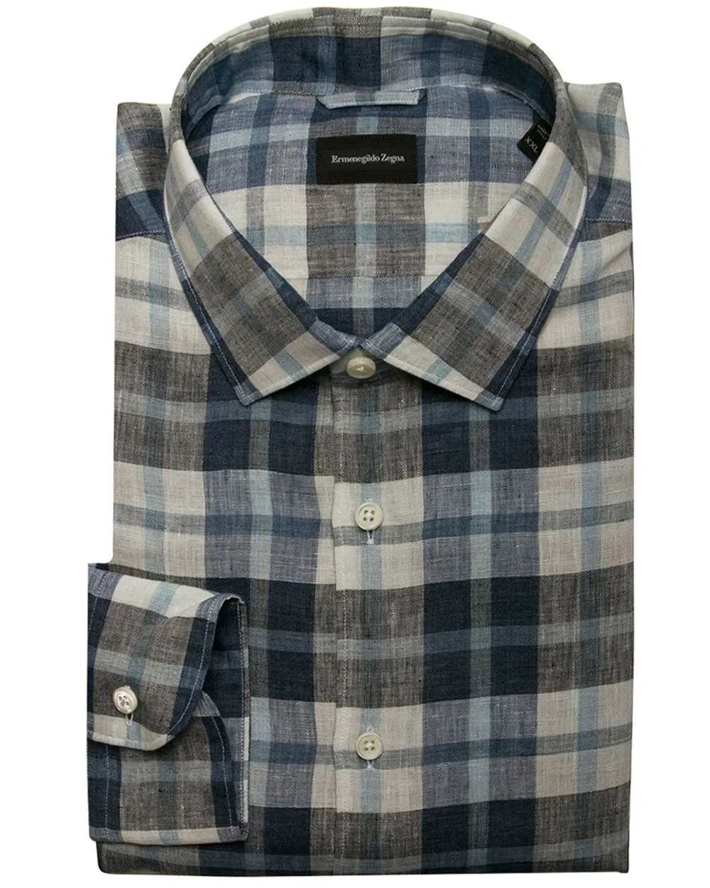 Blue and Navy Plaid Linen Sport Shirt