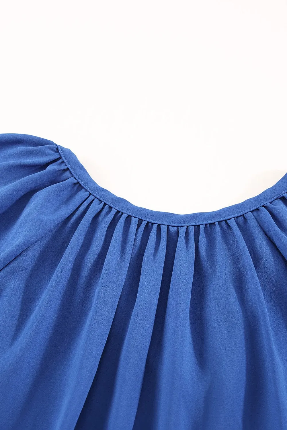 Blue Flutter Sleeve V-Neck Pleated Tunic Blouse