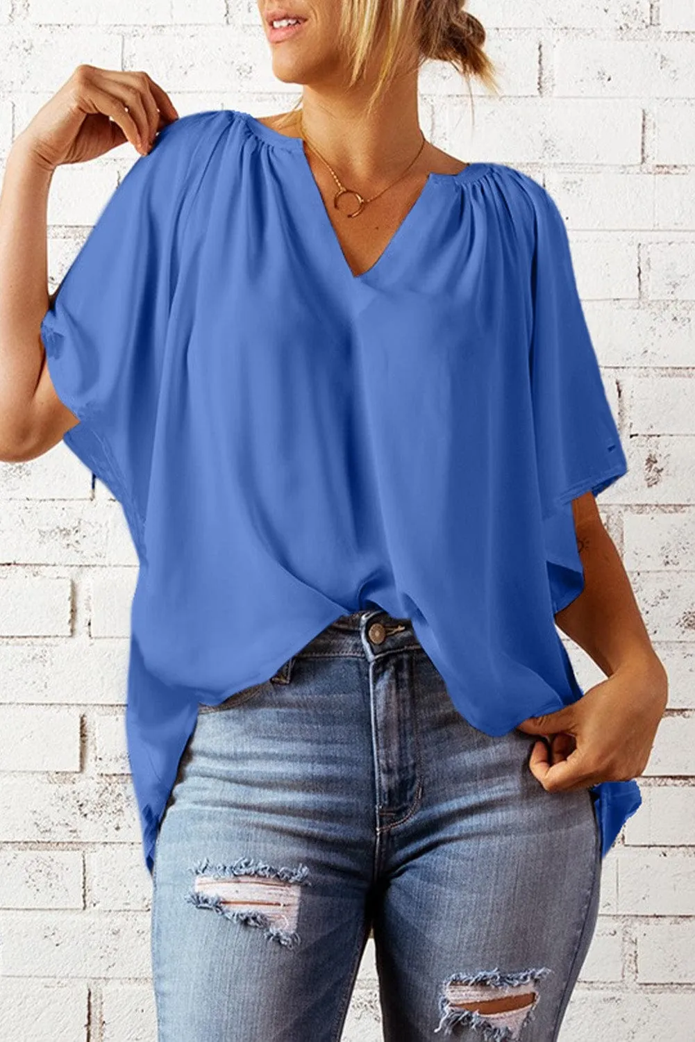 Blue Flutter Sleeve V-Neck Pleated Tunic Blouse