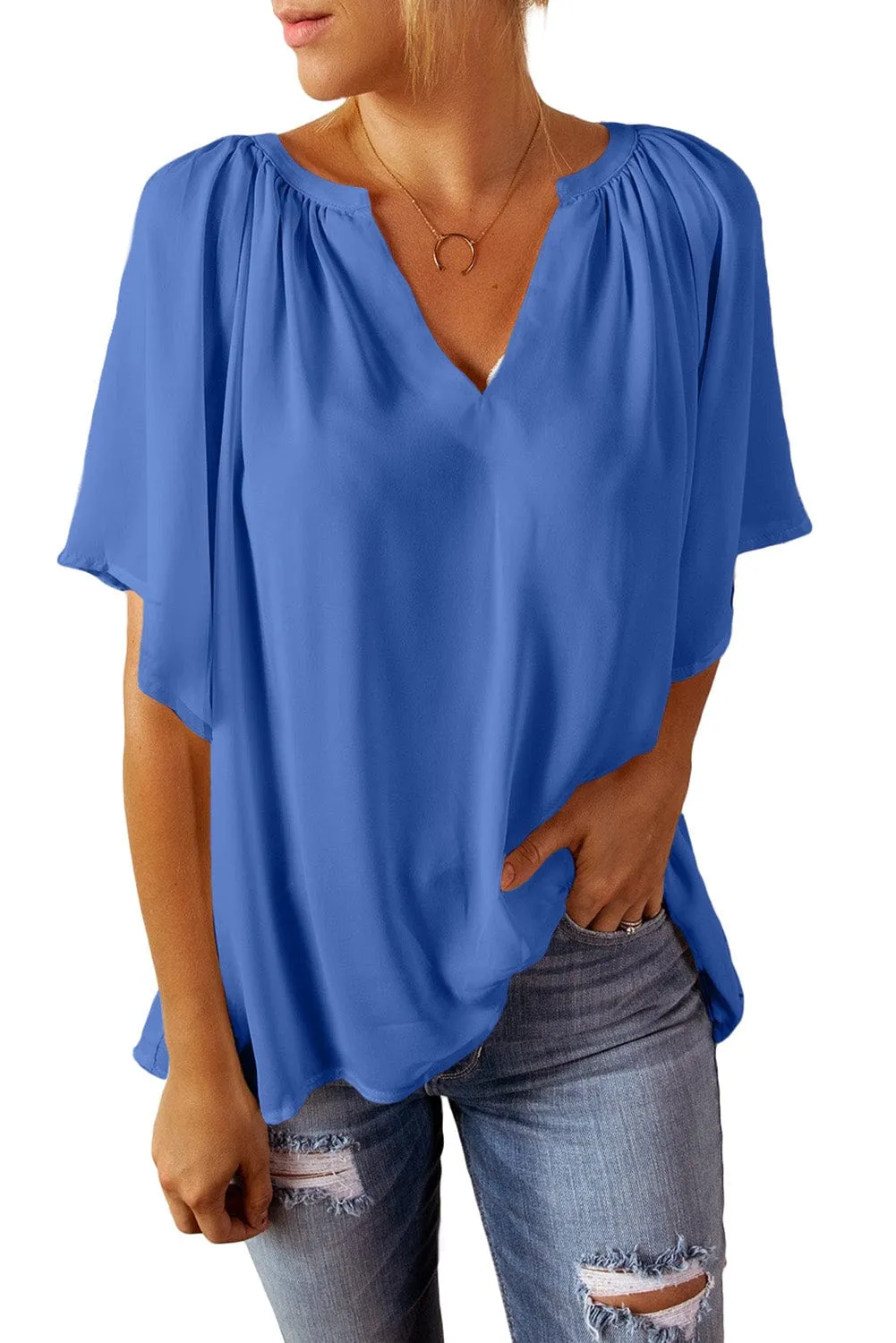 Blue Flutter Sleeve V-Neck Pleated Tunic Blouse