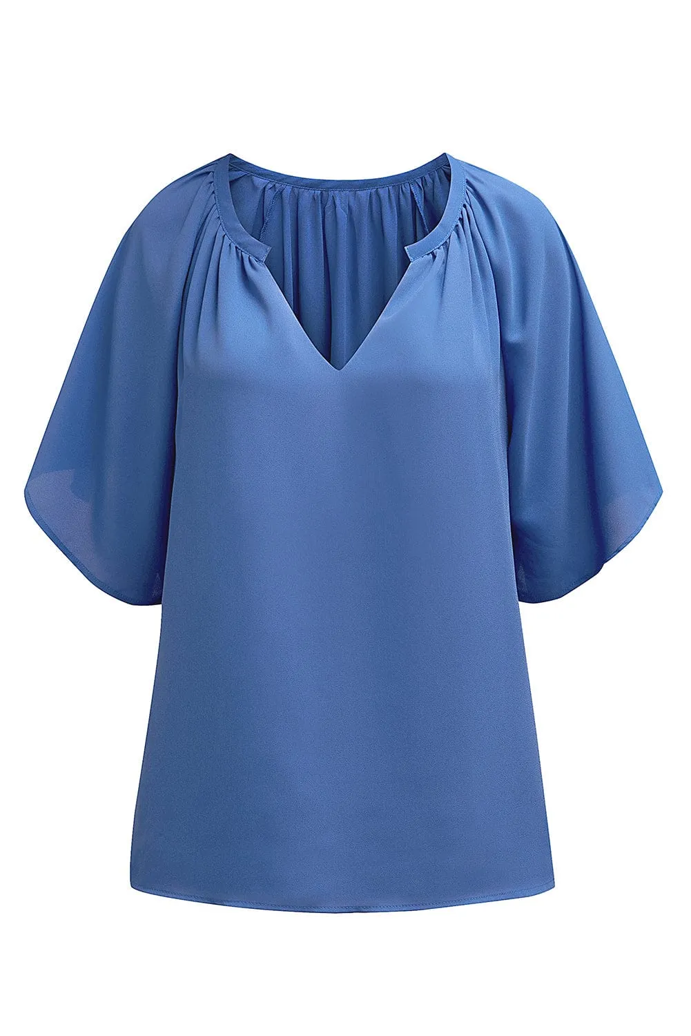 Blue Flutter Sleeve V-Neck Pleated Tunic Blouse