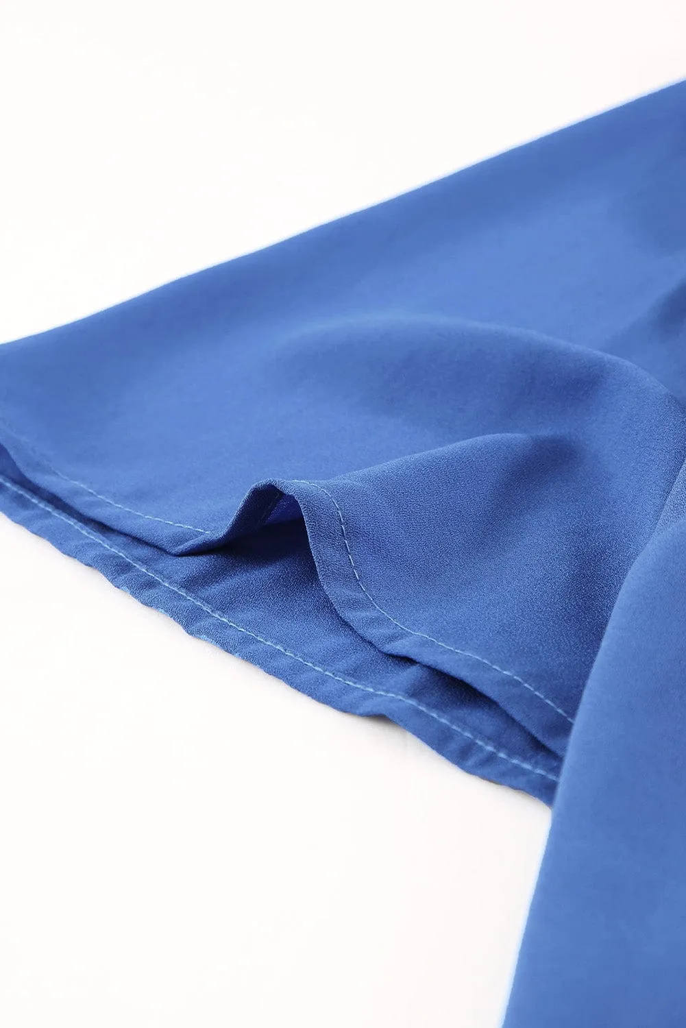 Blue Flutter Sleeve V-Neck Pleated Tunic Blouse