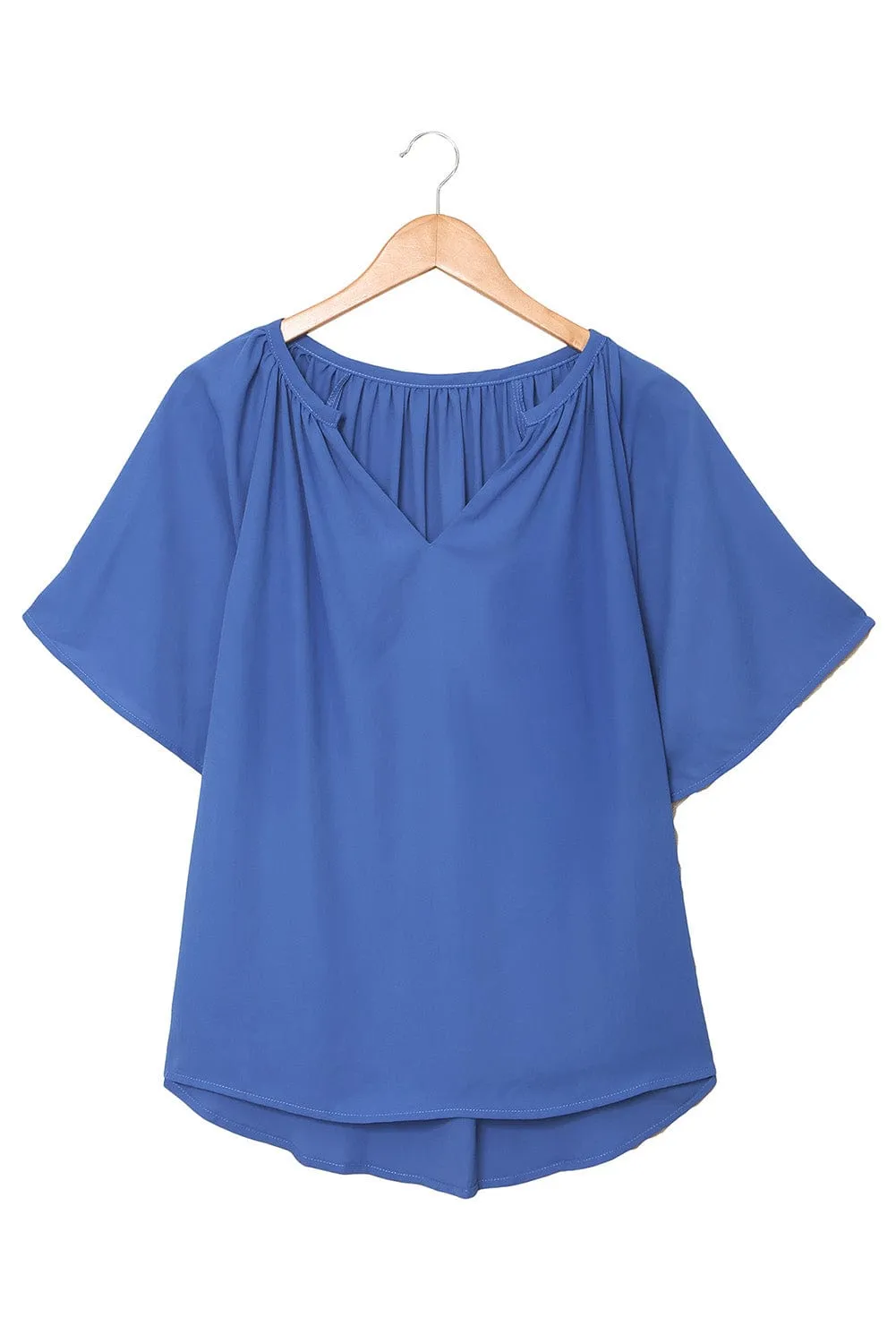Blue Flutter Sleeve V-Neck Pleated Tunic Blouse