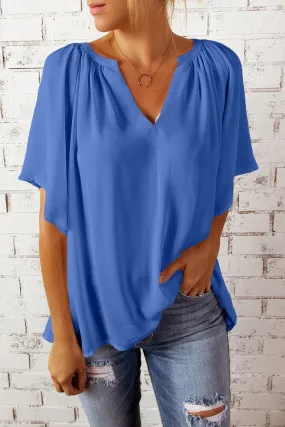 Blue Flutter Sleeve V-Neck Pleated Tunic Blouse