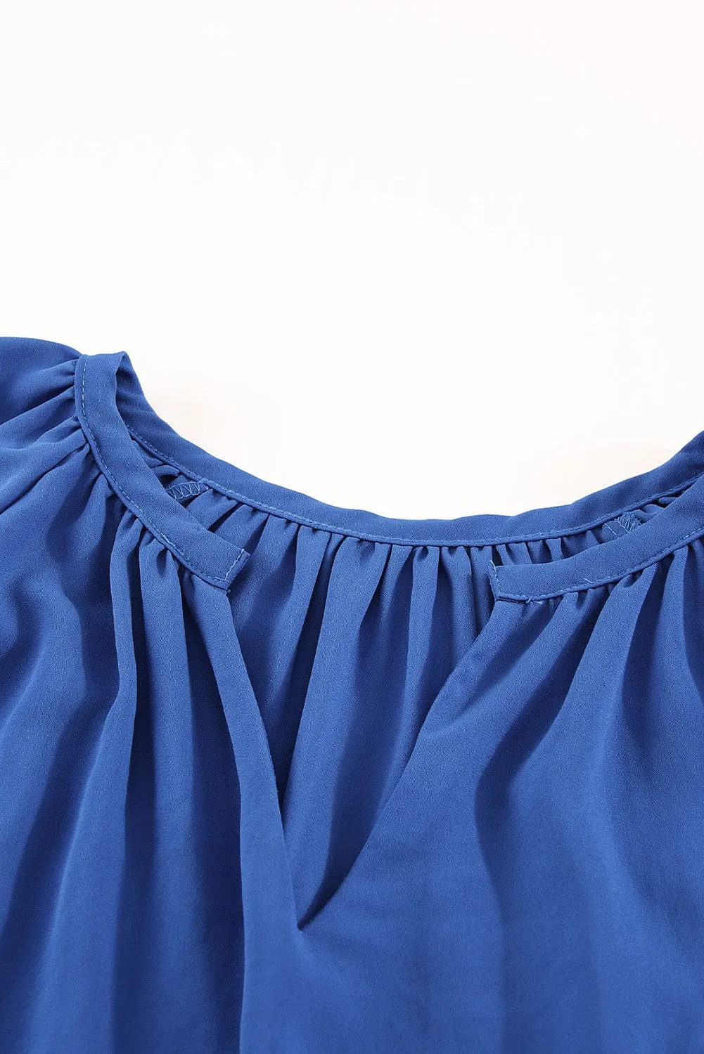 Blue Flutter Sleeve V-Neck Pleated Tunic Blouse