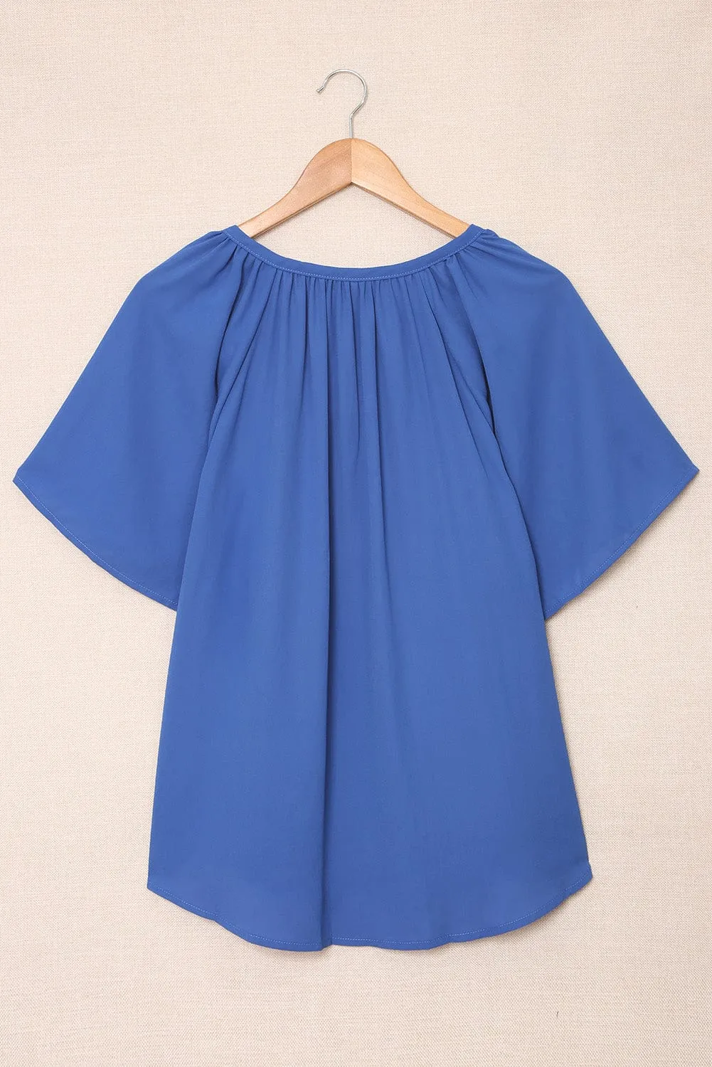 Blue Flutter Sleeve V-Neck Pleated Tunic Blouse