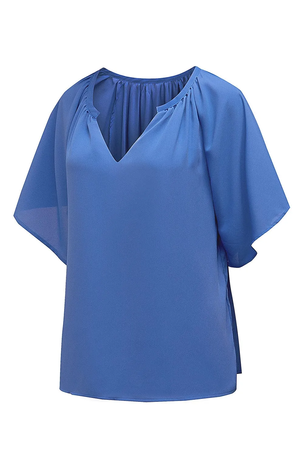 Blue Flutter Sleeve V-Neck Pleated Tunic Blouse