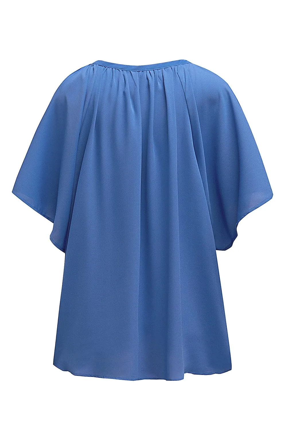 Blue Flutter Sleeve V-Neck Pleated Tunic Blouse