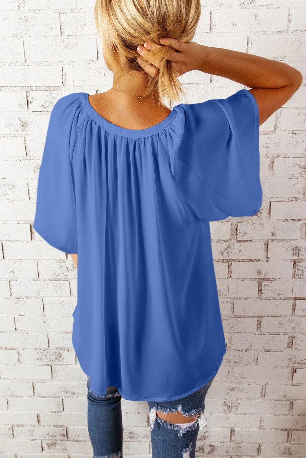Blue Flutter Sleeve V-Neck Pleated Tunic Blouse