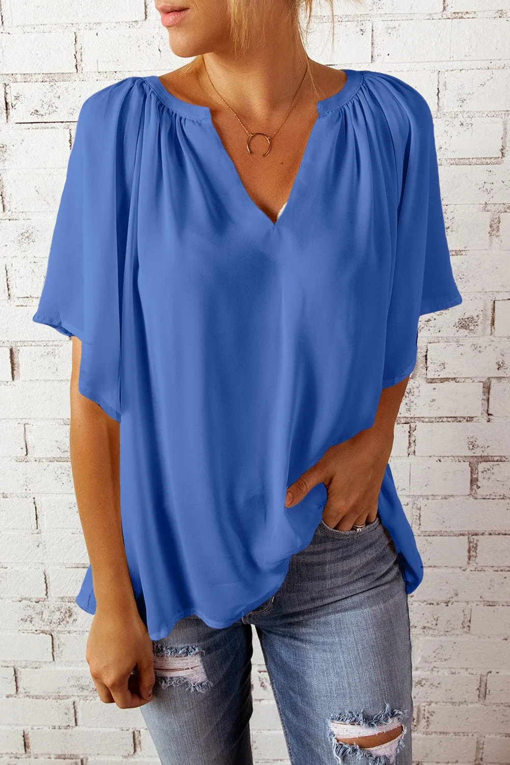 Blue Flutter Sleeve V-Neck Pleated Tunic Blouse