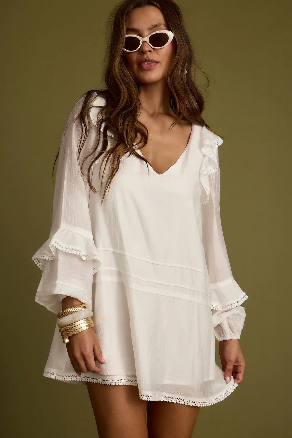 Bound White Long Sleeve Micro Tunic Dress