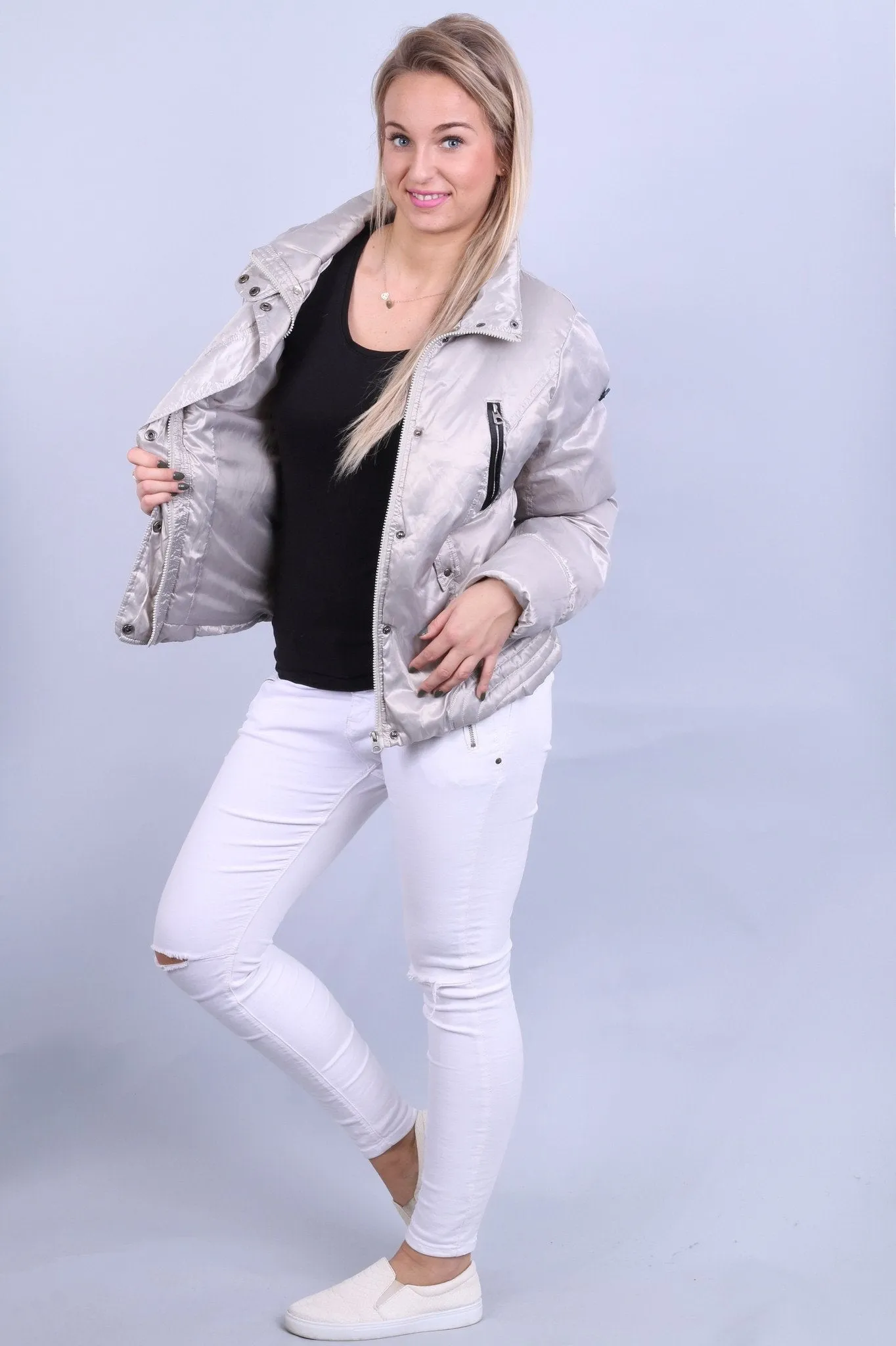 Broadway Women 38 M Jacket Silver Padded Shiny Full Zipper Casual Top