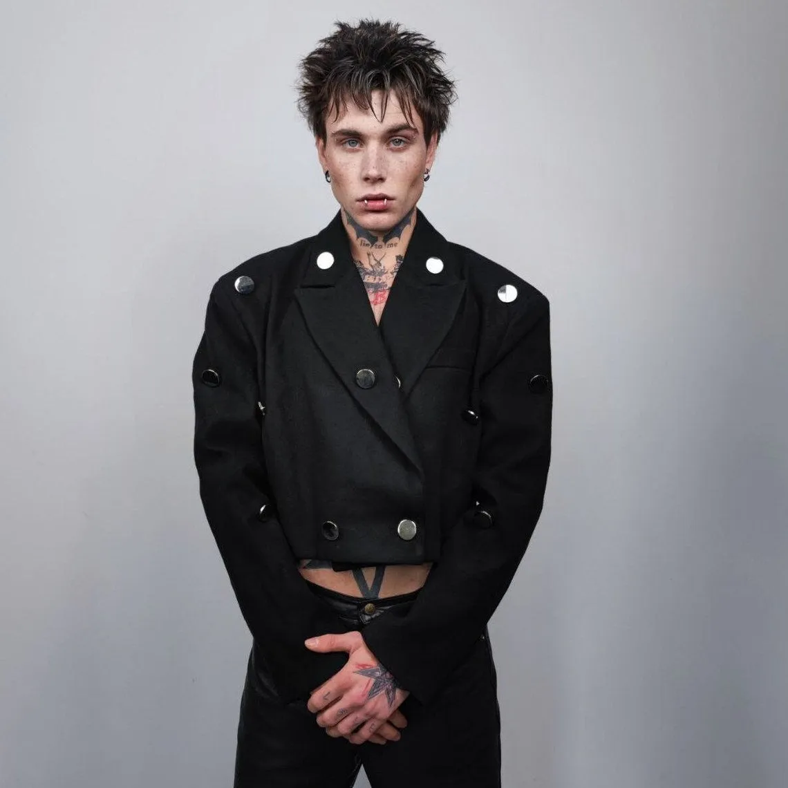 Cropped military jacket navy bomber metal patchwork army varsity utility biker jacket gorpcore short punk coat in black