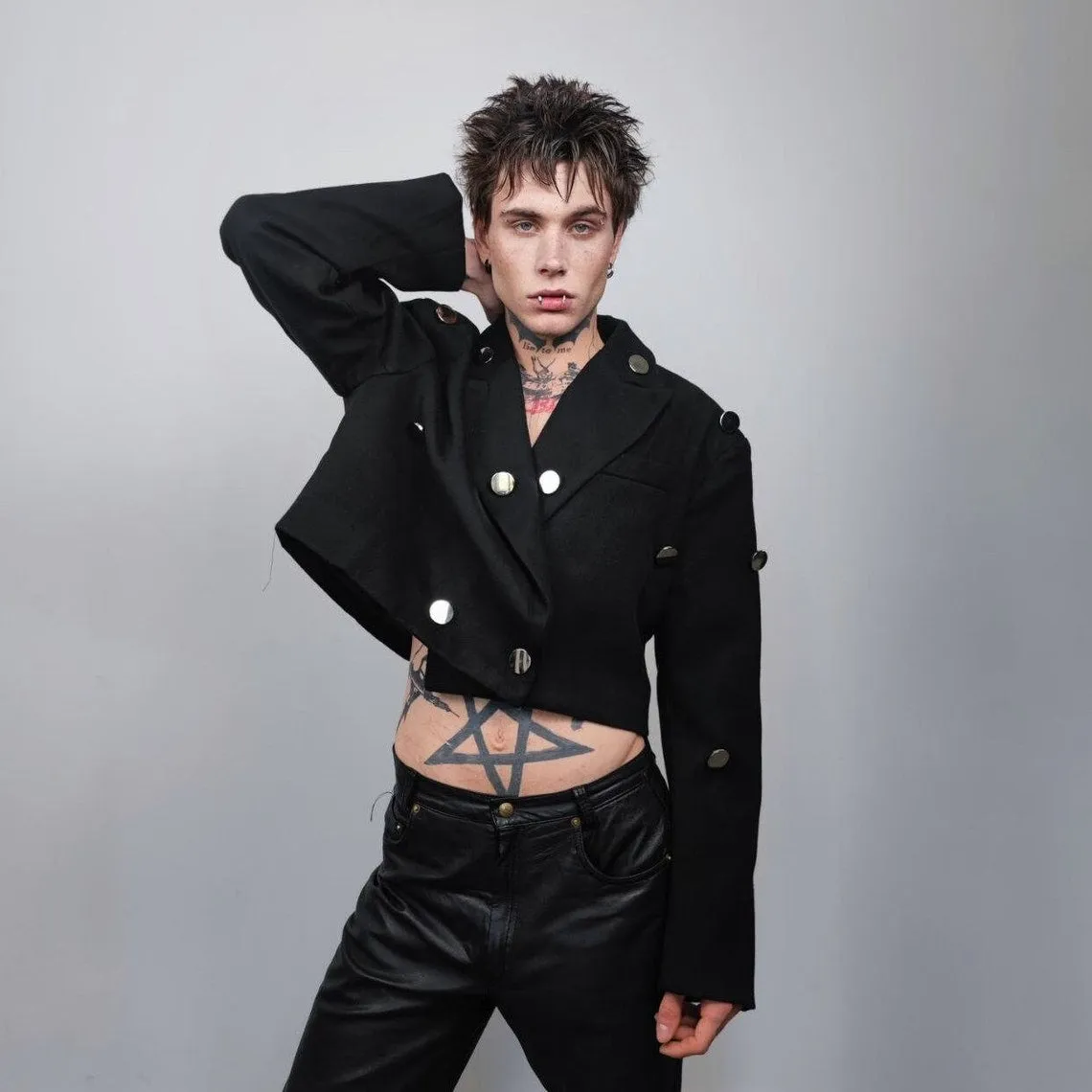 Cropped military jacket navy bomber metal patchwork army varsity utility biker jacket gorpcore short punk coat in black