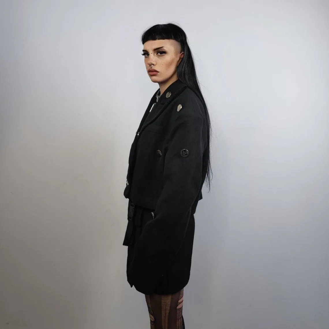 Cropped military jacket navy bomber metal patchwork army varsity utility biker jacket gorpcore short punk coat in black
