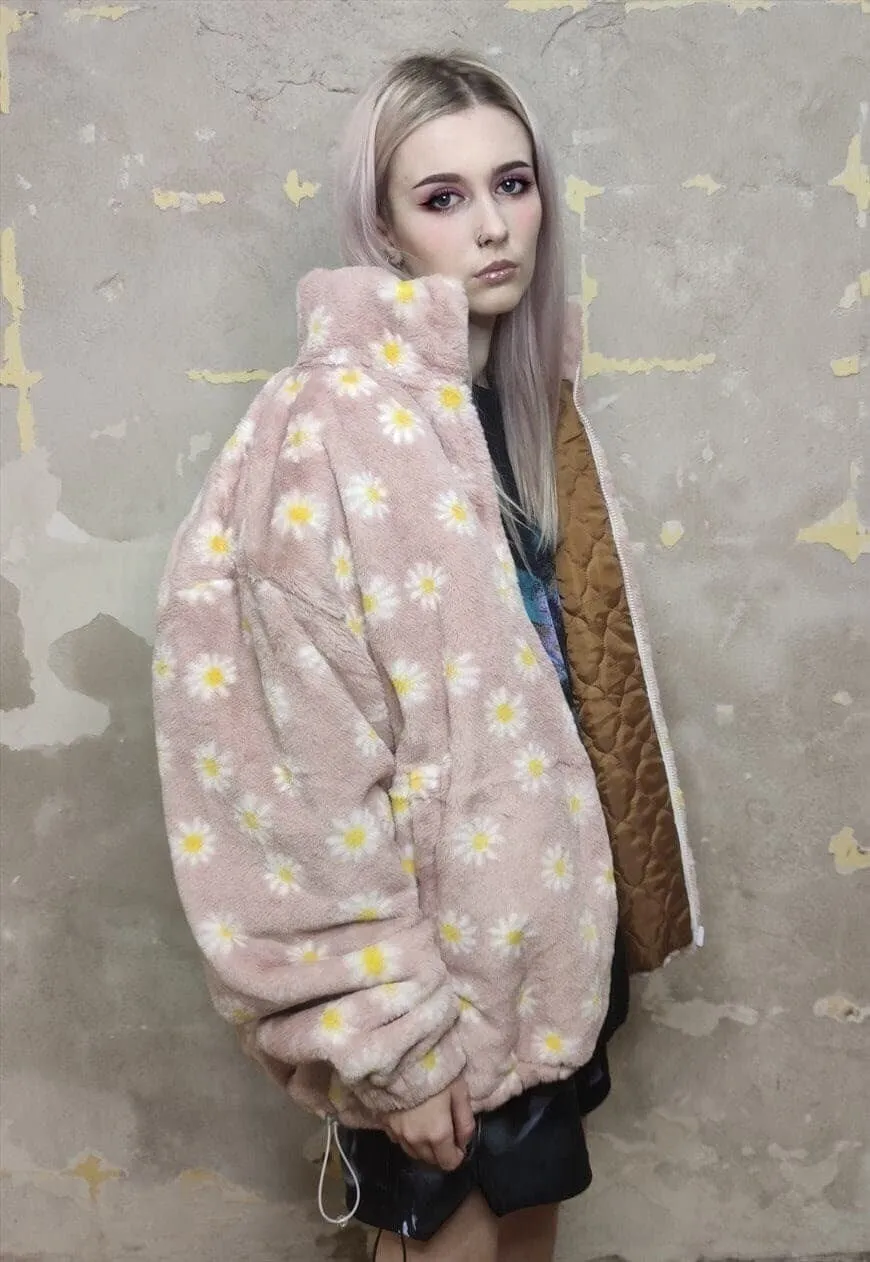Floral fleece bomber handmade daisy jacket in pastel pink