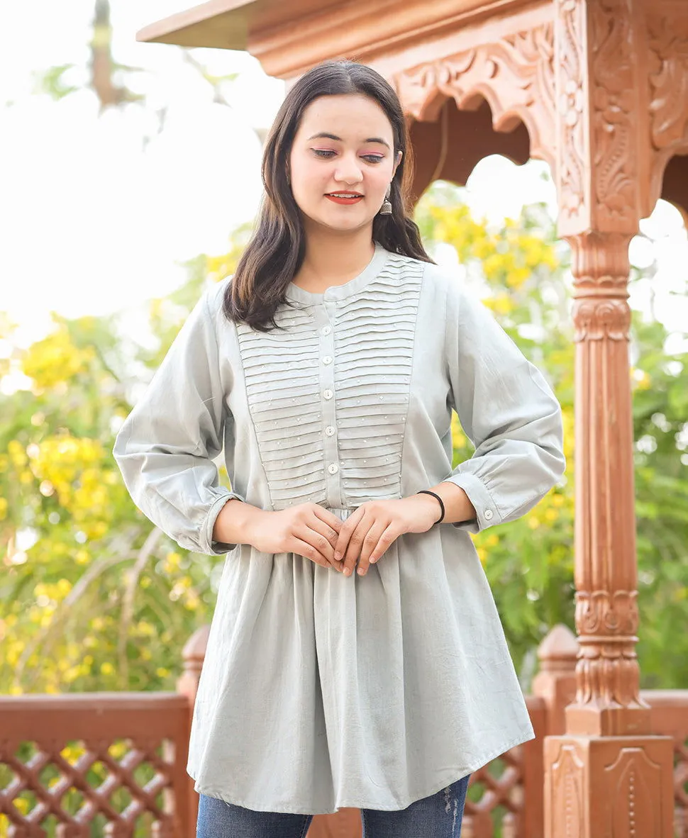Grey Cotton Tunic Top With Pearl Work (pack of 1)