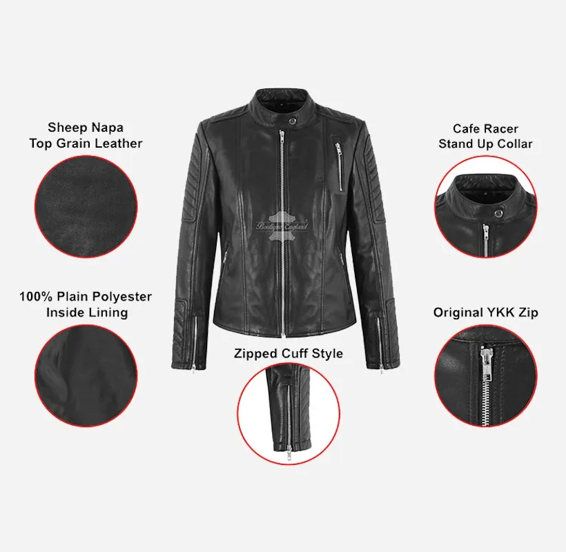 HALOA Ladies Black Biker Leather Jacket Slim Fit Leather Jacket
