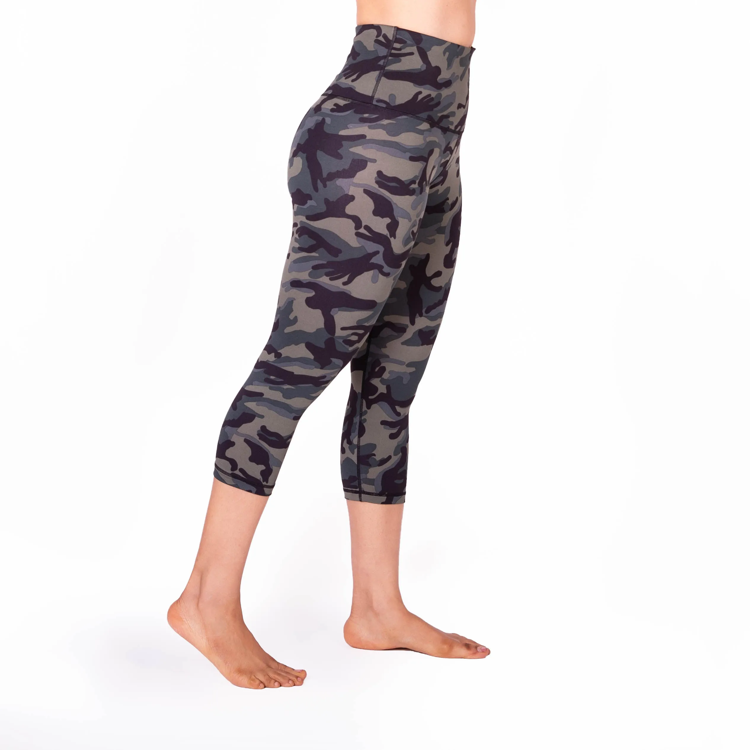 High Waist Green Camo Print Compression Capri Leggings