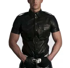 New Men's Real genuine Leather Police Uniform Shirt Sexy Short Sleeve Leather Shirt