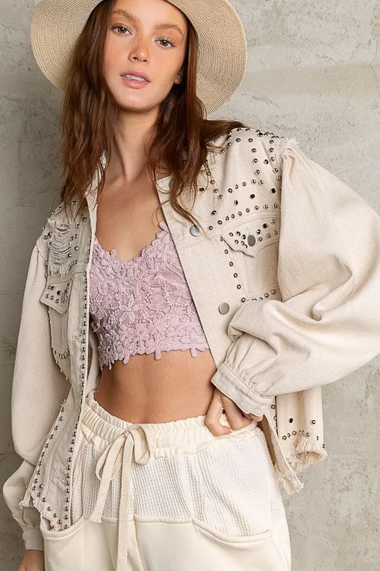 Oatmilk Metallic Studded Distressed Detail Denim Jacket