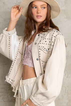 Oatmilk Metallic Studded Distressed Detail Denim Jacket