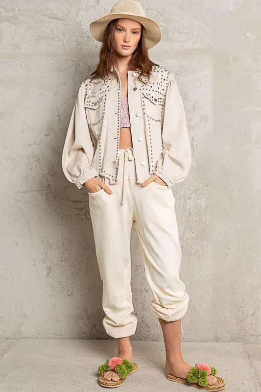 Oatmilk Metallic Studded Distressed Detail Denim Jacket