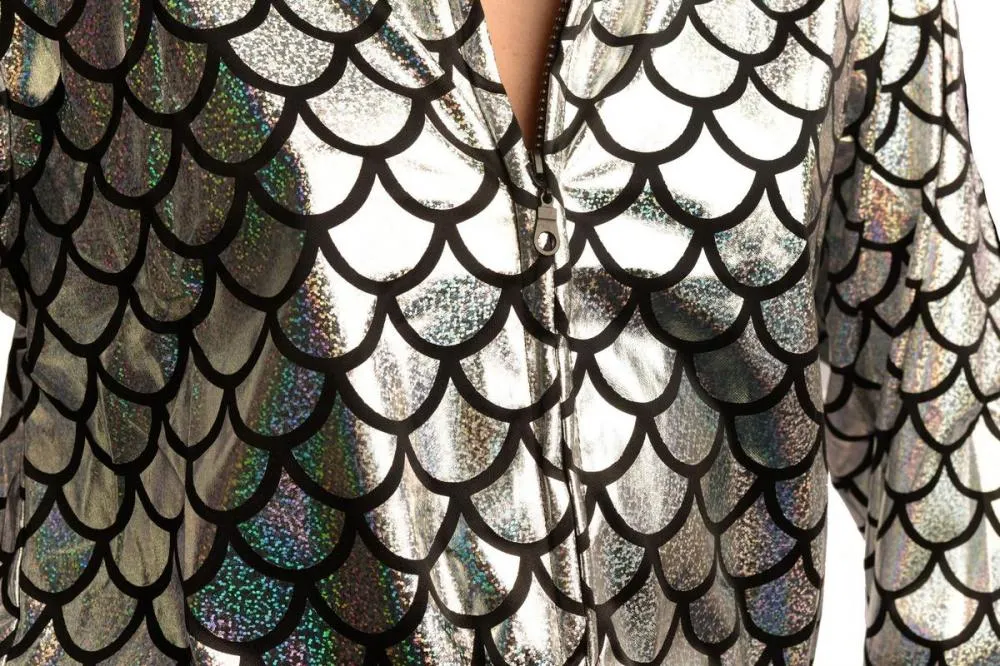 Silver Shiny Gloss Mermaid Scales Unisex Zip Disco Jacket