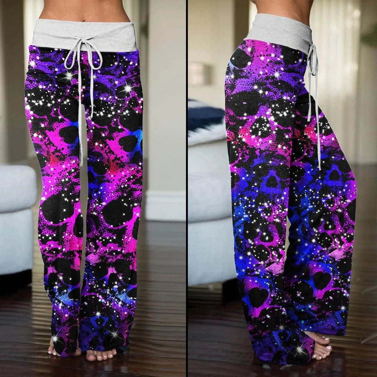 Skull Galaxy Pink Pajama Pants Print Palazzo Lounge