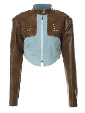 Wenkouban-Winter outfits Christmas Stand Collar PU Leather Patchwork Denim Jacket