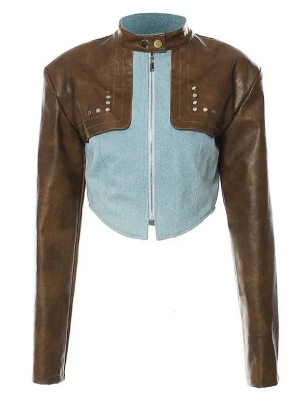 Wenkouban-Winter outfits Christmas Stand Collar PU Leather Patchwork Denim Jacket
