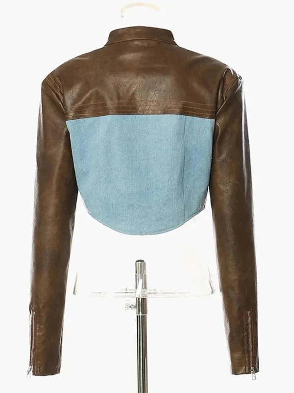 Wenkouban-Winter outfits Christmas Stand Collar PU Leather Patchwork Denim Jacket