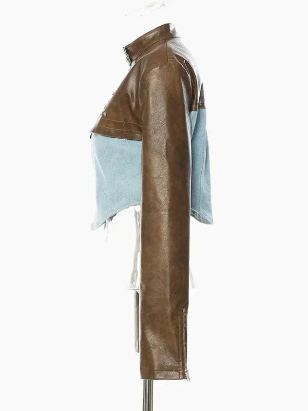 Wenkouban-Winter outfits Christmas Stand Collar PU Leather Patchwork Denim Jacket
