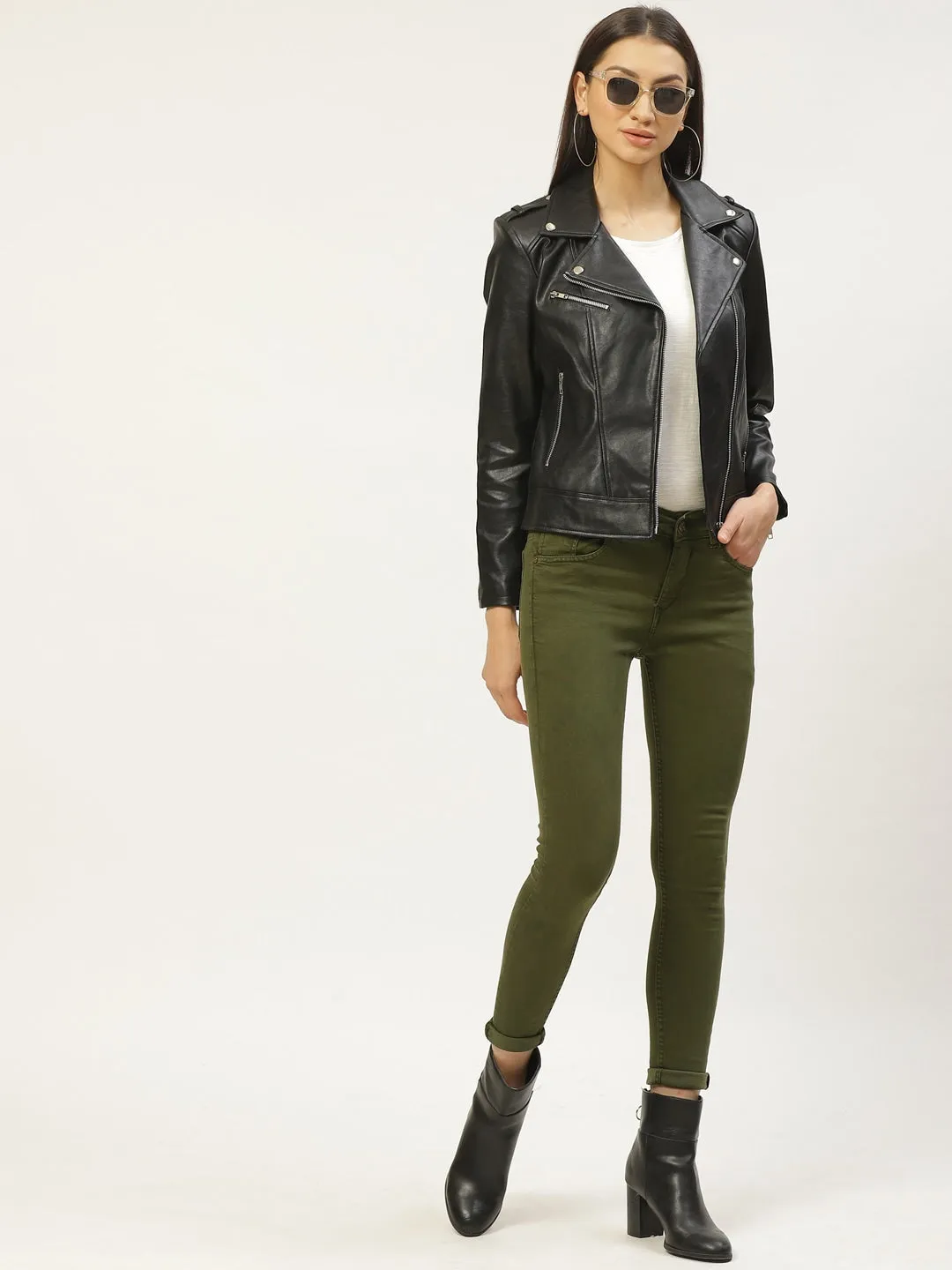 Women Black Solid Lightweight Biker Jacket | QAWACH