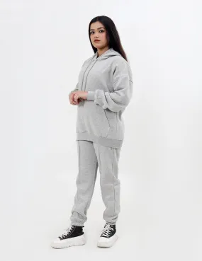 Women's Fleece Sports Pullover Hoodie & Trouser Set - Gray